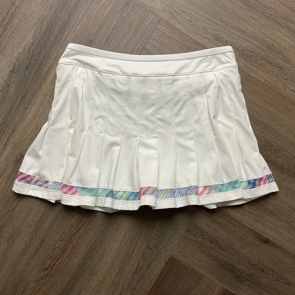 Lucky in Love Linen Nouveau Pleated Tennis Skort Womens Medium White Rainbow Hem - Picture 2 of 6